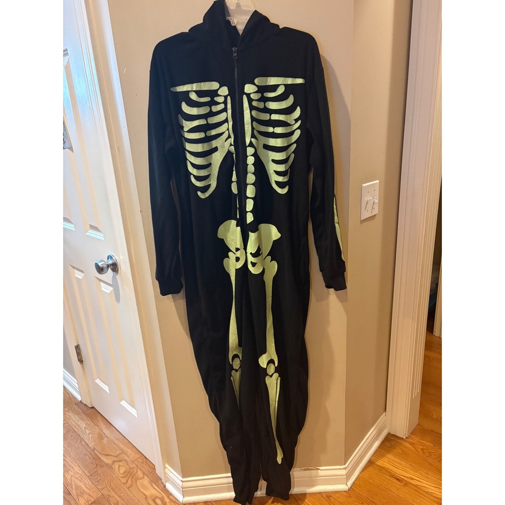 Skeleton Hooded Fleece Jumpsuit Black Green Bone Graphic Halloween Pajamas S